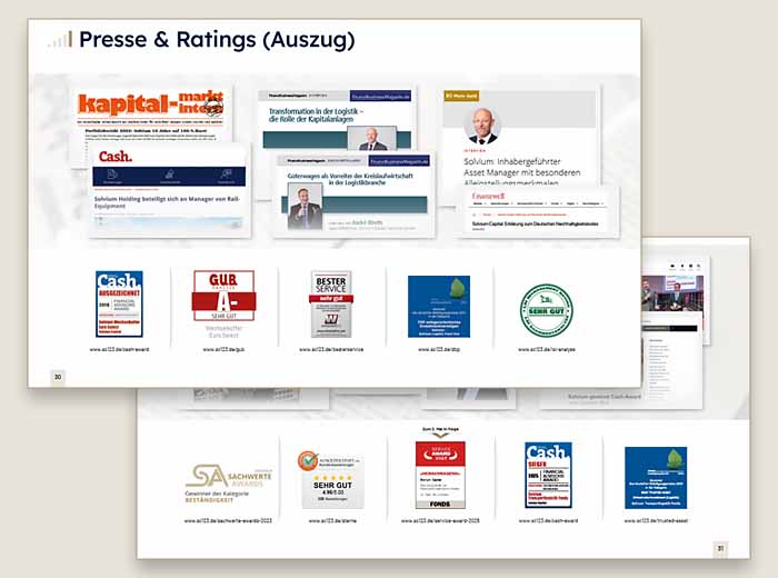 Solvium Auszeichnungen und hervorragende Ratings für exzellente Leistungen im Bereich Sachwertinvestments