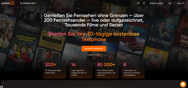 Die Kartina.TV-App bietet Zugriff auf über 200 TV-Sender sowie eine umfangreiche Video-on-Demand-Bibliothek.