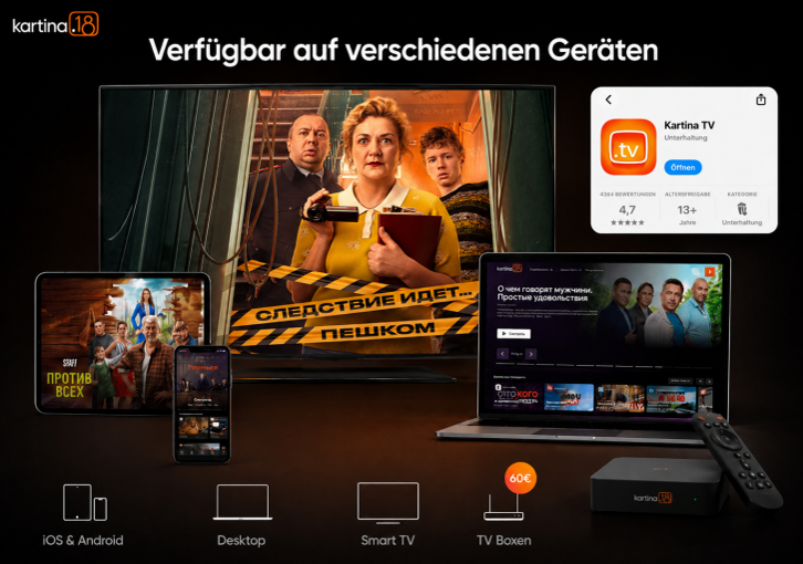 Kartina.TV lässt sich auf Smart-TV, Smartphone, Tablet oder über Streaming-Geräte wie Fire TV und Apple TV nutzen.